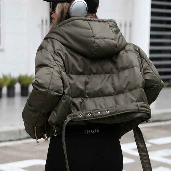 Army Green Casual Women's Hooded Asymmetric Zip-Up Belted Short Padded Coat - Picture 2 of 7